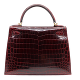 Hermès 28cm Kelly Sellier Bordeaux Shiny Niloticus Gold Hardware