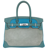 Hermès 30cm Birkin Ghillies Bleu Jean Swift/Suede/Togo Leather Palladium Hardware
