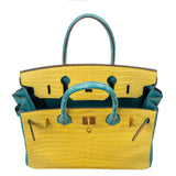 Herm�s 30cm Birkin HSS Mimosa/Bleu Paon Matte Porosus Crocodile Brushed Gold Hardware