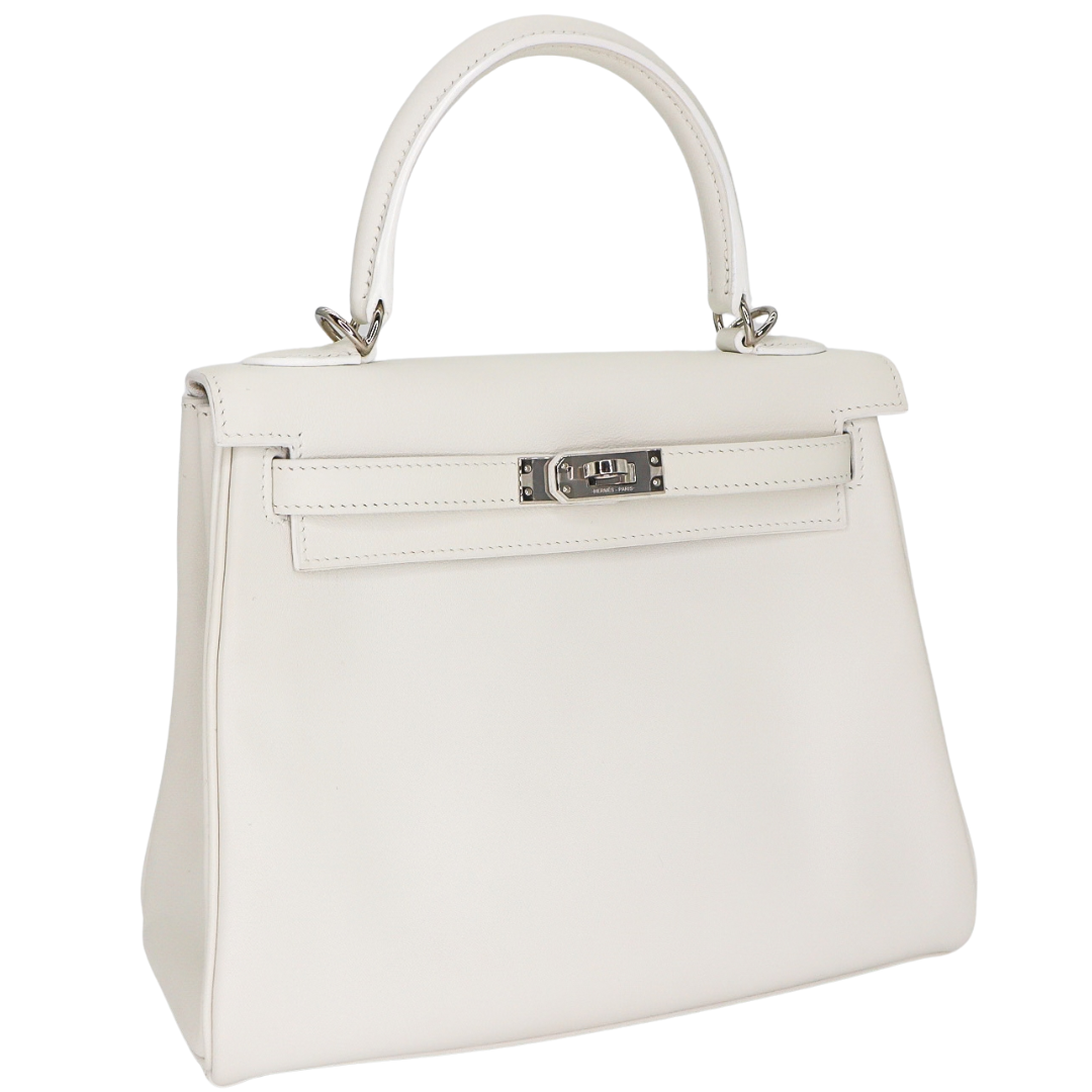 Hermès 25 cm Kelly Retourne White Swift Leather Palladium Hardware