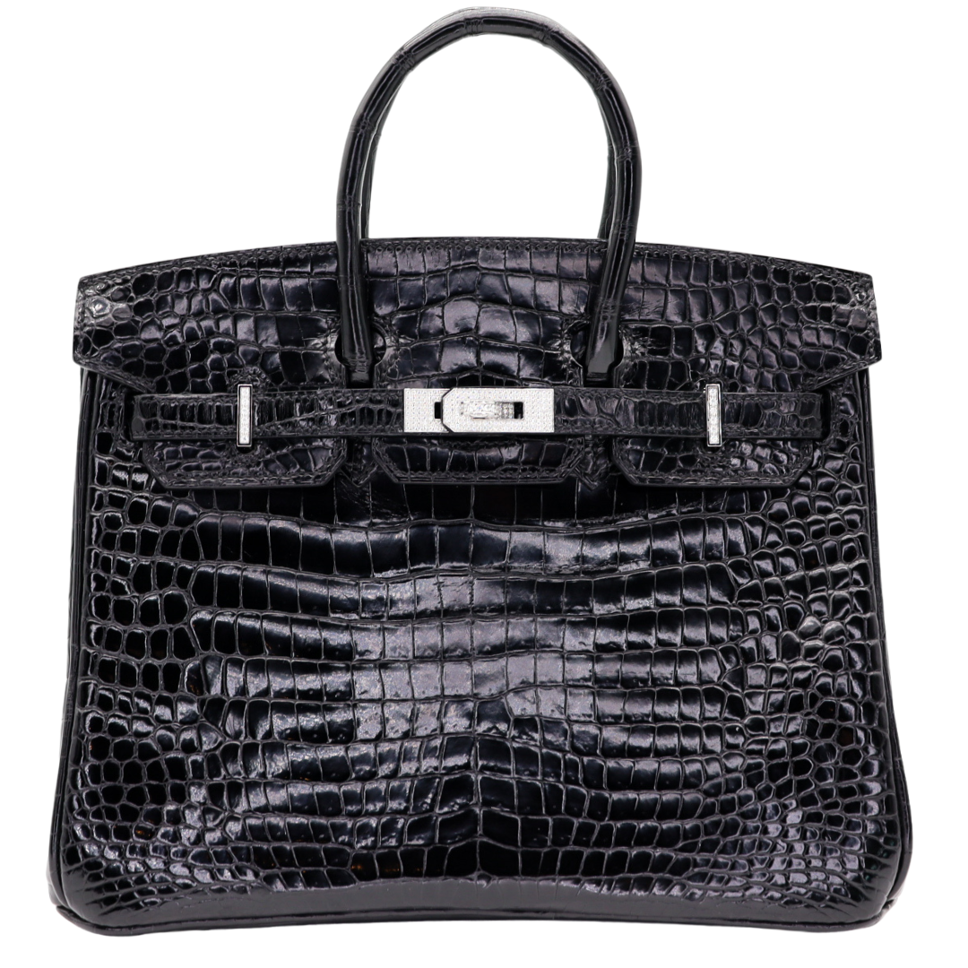 Hermès 25 cm Birkin Black Shiny Porosus Crocodile Diamond Hardware