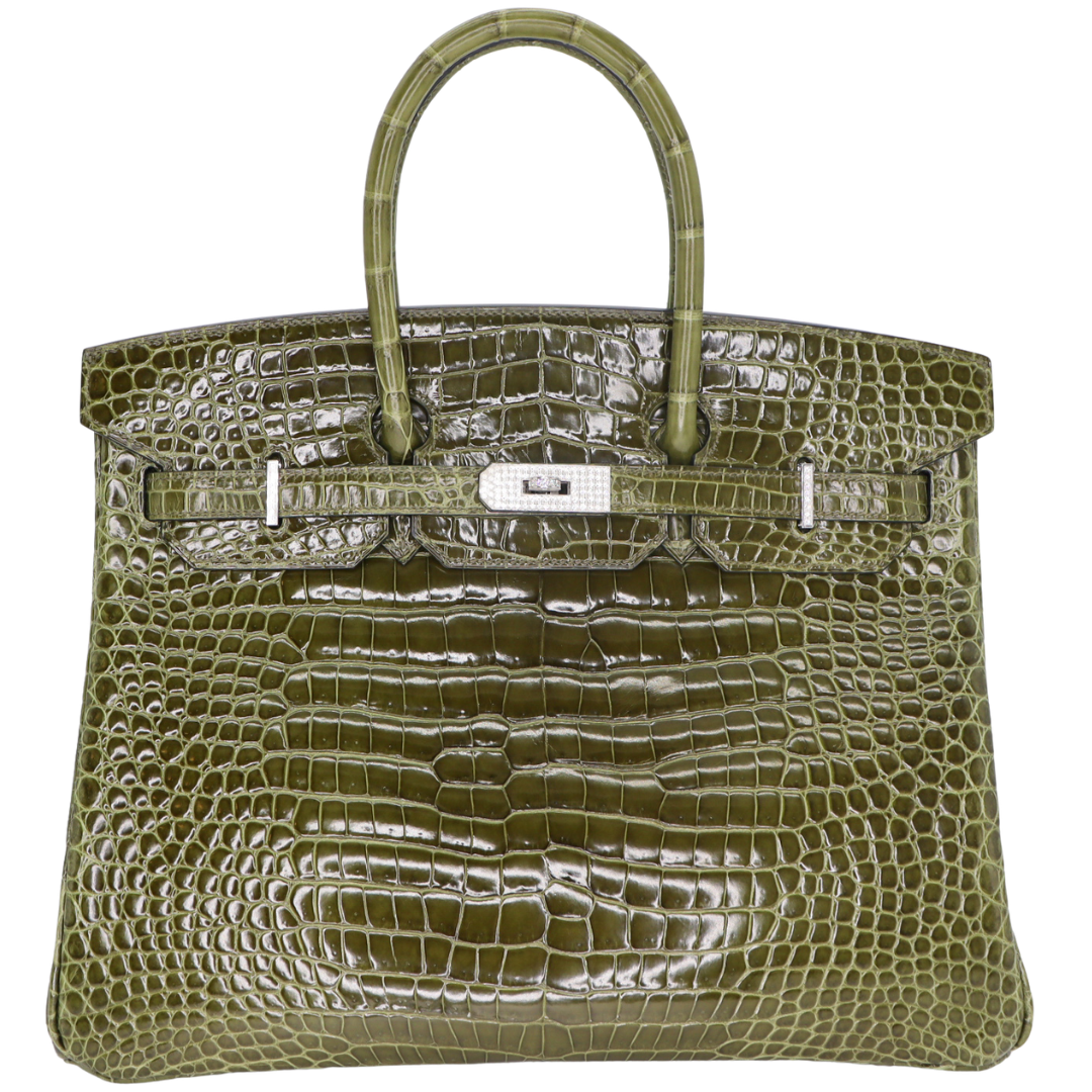 Hermès 35 cm Birkin Vert Olive Shiny Porosus Crocodile Diamond Hardware
