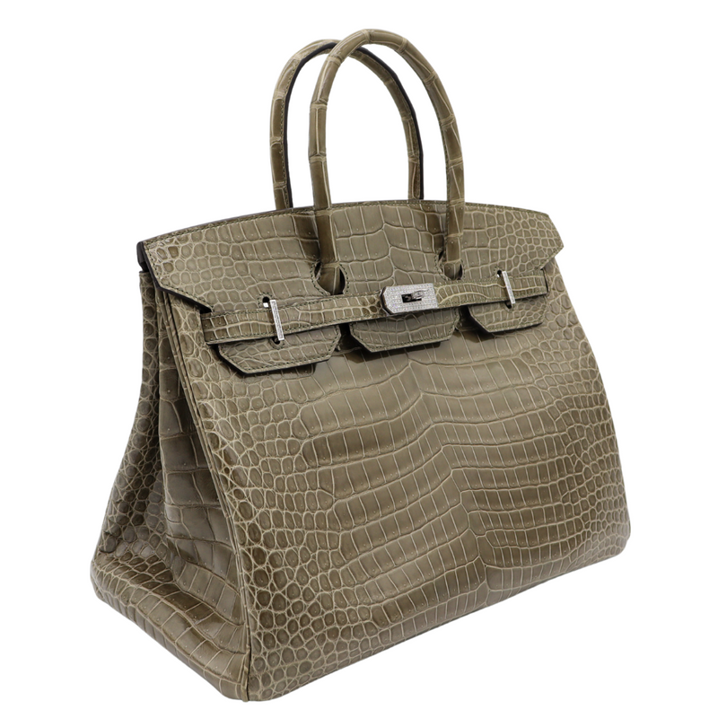 Hermès 35cm Birkin Gris Tourterelle Shiny Porosus Crocodile Diamond Hardware