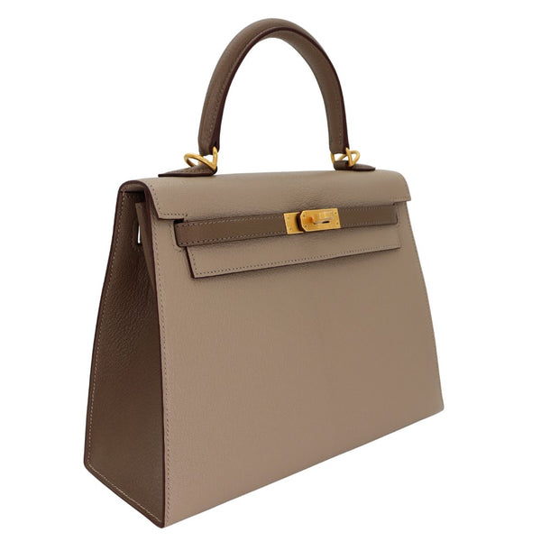 Hermès 25cm Kelly Sellier HSS Etoupe/ Gris Tourterelle Chevrè Leather Brushed Gold Hardware