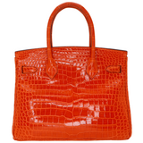 Hermès 30cm Birkin Orange Shiny Porosus Crocodile Palladium Hardware
