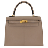 Hermès 25cm Kelly Sellier HSS Gris Tourterelle Chèvre Leather Brushed Gold Hardware