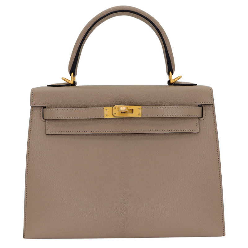 Hermès 25cm Kelly Sellier HSS Gris Tourterelle Chèvre Leather Brushed Gold Hardware