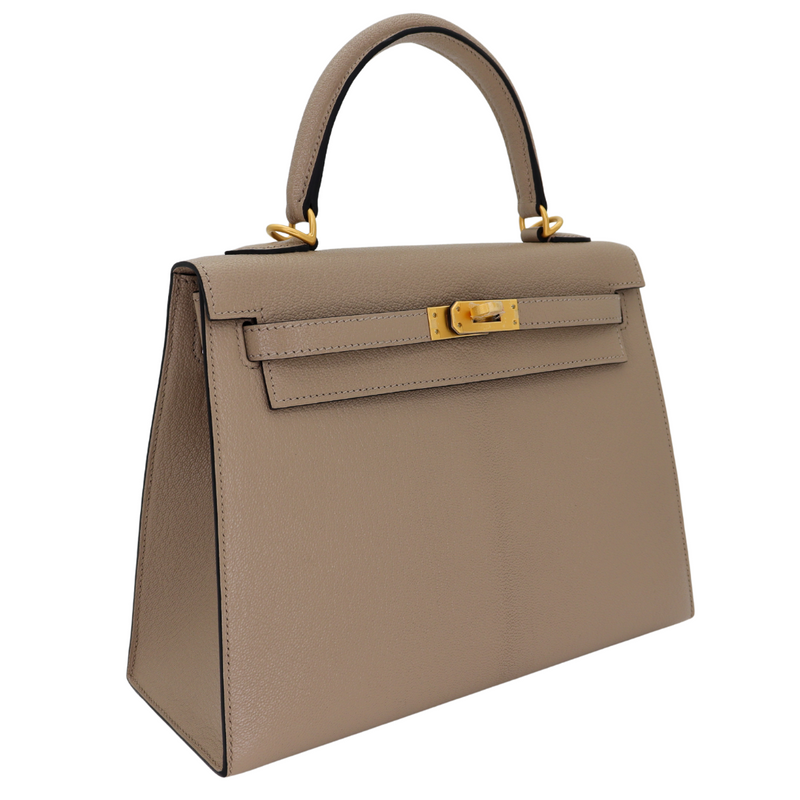 Hermès 25cm Kelly Sellier HSS Gris Tourterelle Chèvre Leather Brushed Gold Hardware