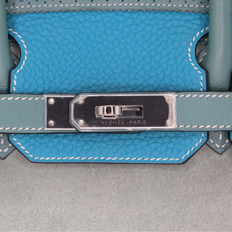 Hermès 30cm Birkin Ghillies Bleu Jean Swift/Suede/Togo Leather Palladium Hardware