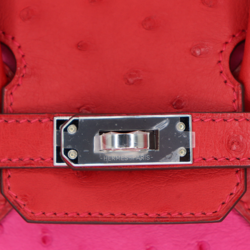 Hermès 25cm Birkin Touch Rouge Vif/Rose Tyrien Ostrich Palladium Hardware