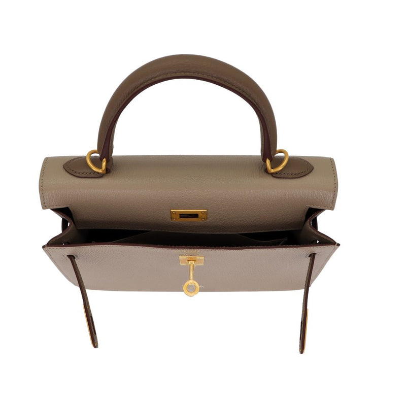 Hermès 25cm Kelly Sellier HSS Etoupe/ Gris Tourterelle Chevrè Leather Brushed Gold Hardware