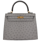 Hermès 25cm Kelly Sellier Bleu Glacier Ostrich Leather Gold Hardware