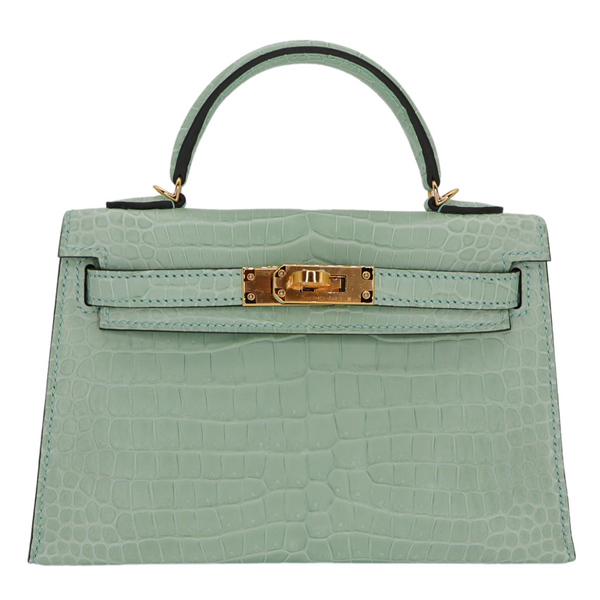 Hermès Kelly II Sellier Mini Vert D'eau Matte Porosus Crocodile Gold Hardware