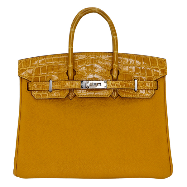 Hermès 25cm Birkin Touch Jaune Ambre Togo Leather/Niloticus Crocodile Palladium Hardware