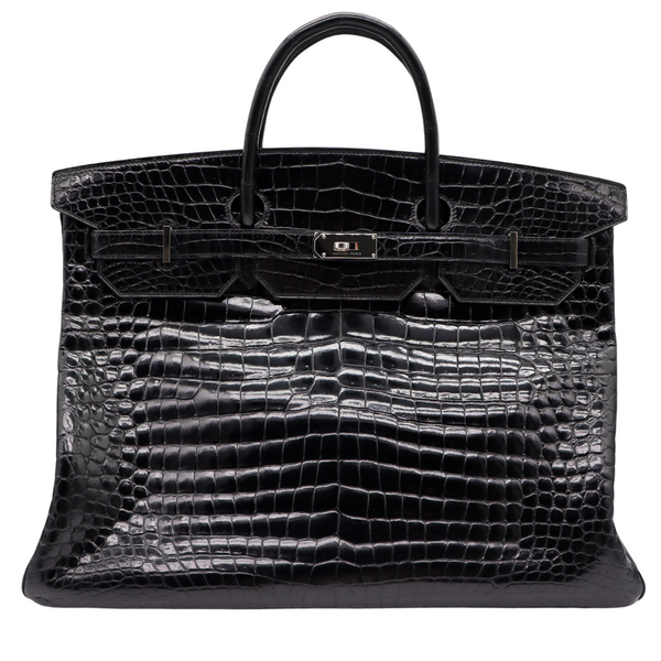 Hermès 50cm Birkin Black Shiny Porosus Crocodile Palladium Hardware