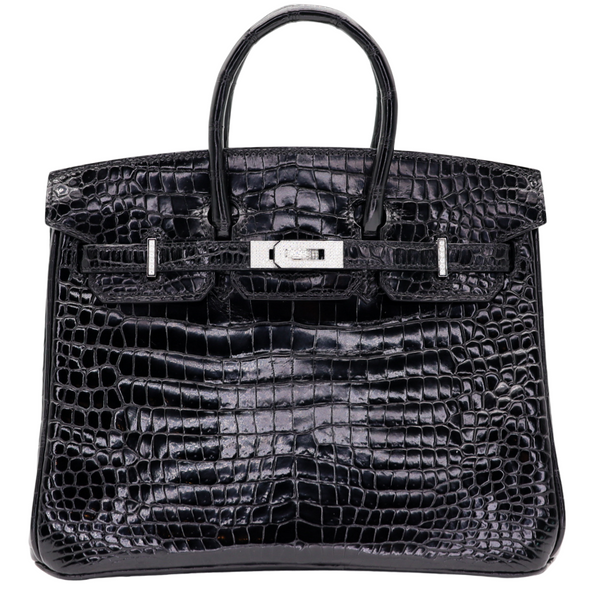Hermès 25cm Birkin Black Shiny Porosus Crocodile Diamond Hardware