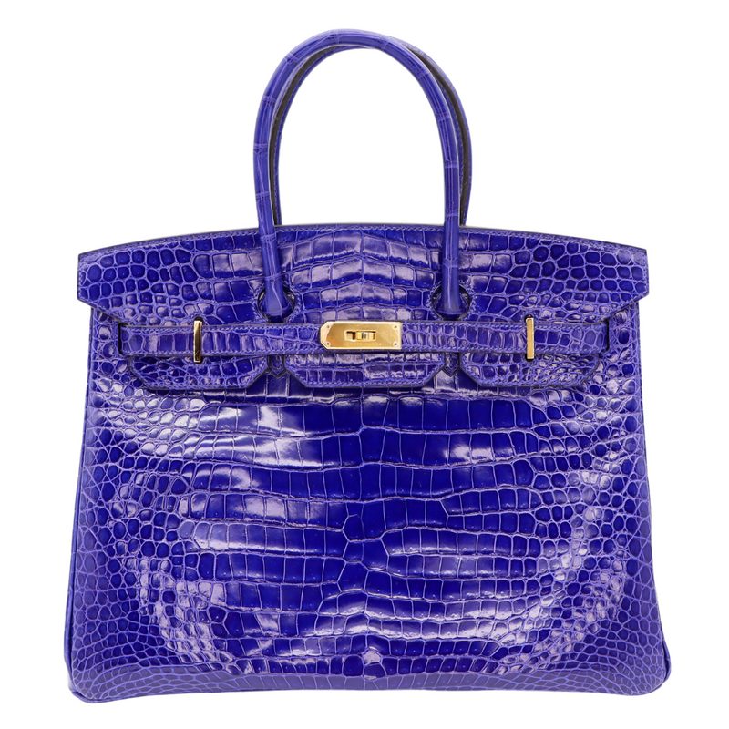 Hermès 35cm Birkin Bleu Electrique Shiny Porosus Crocodile Gold Hardware