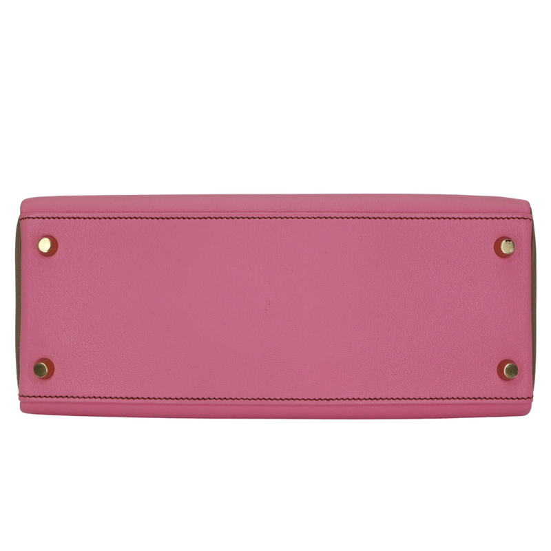 Hermès 28cm Kelly Retourne HSS Bubblegum/Gris Tourterelle Chèvre Leather Brushed Gold Hardware
