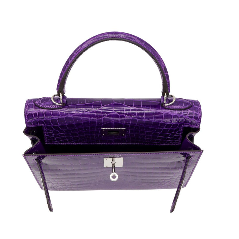 Hermès 28cm Kelly Sellier Ultraviolet Shiny Niloticus Crocodile Palladium Hardware