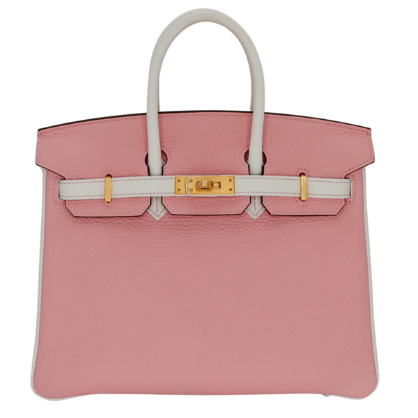 Hermès 25cm Birkin Sakura/White Clemence Leather Brushed Gold Hardware