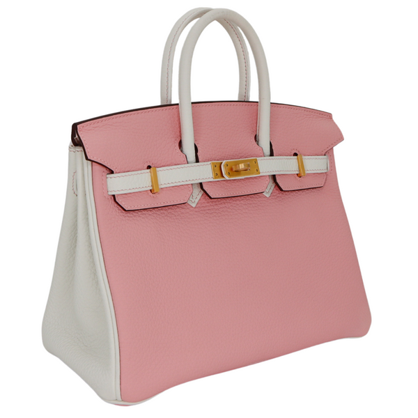Hermès 25cm Birkin Sakura/White Clemence Leather Brushed Gold Hardware