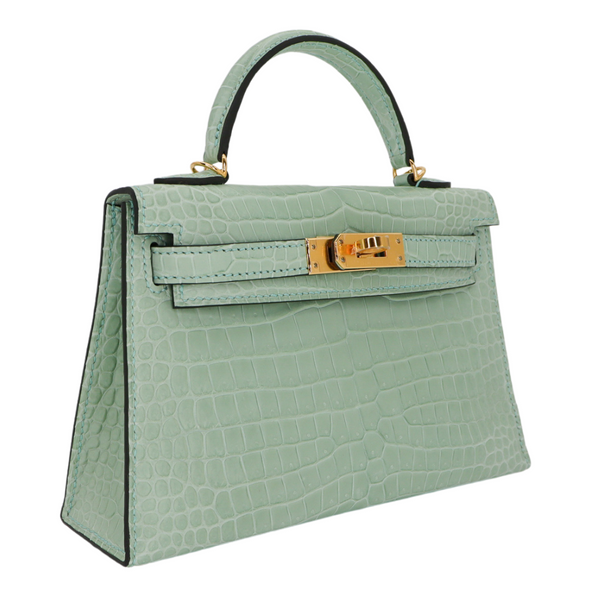 Hermès Kelly II Sellier Mini Vert D'eau Matte Porosus Crocodile Gold Hardware