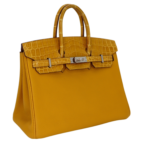 Hermès 25cm Birkin Touch Jaune Ambre Togo Leather/Niloticus Crocodile Palladium Hardware