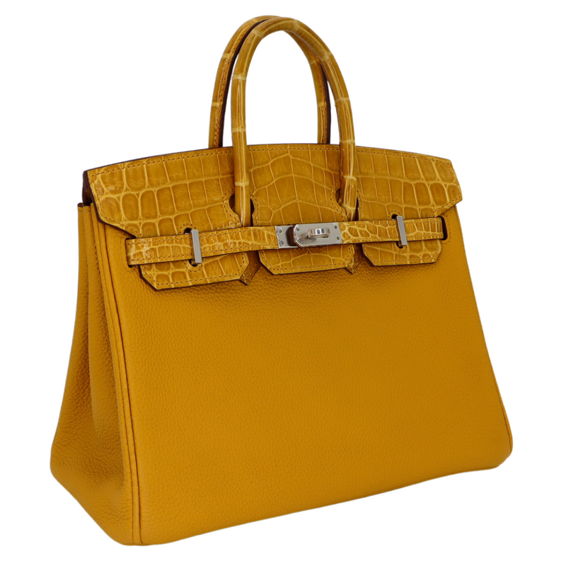 Hermès 25cm Birkin Touch Jaune Ambre Togo Leather/Niloticus Crocodile Palladium Hardware
