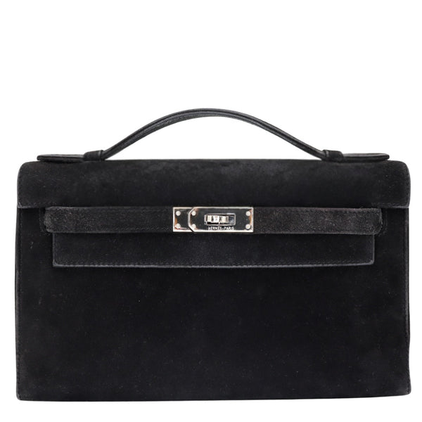 Hermès Kelly Pochette Doblis Black Suede Leather Palladium Hardware