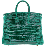 Hermès 25cm Birkin Emerald Shiny Porosus Crocodile Gold Hardware