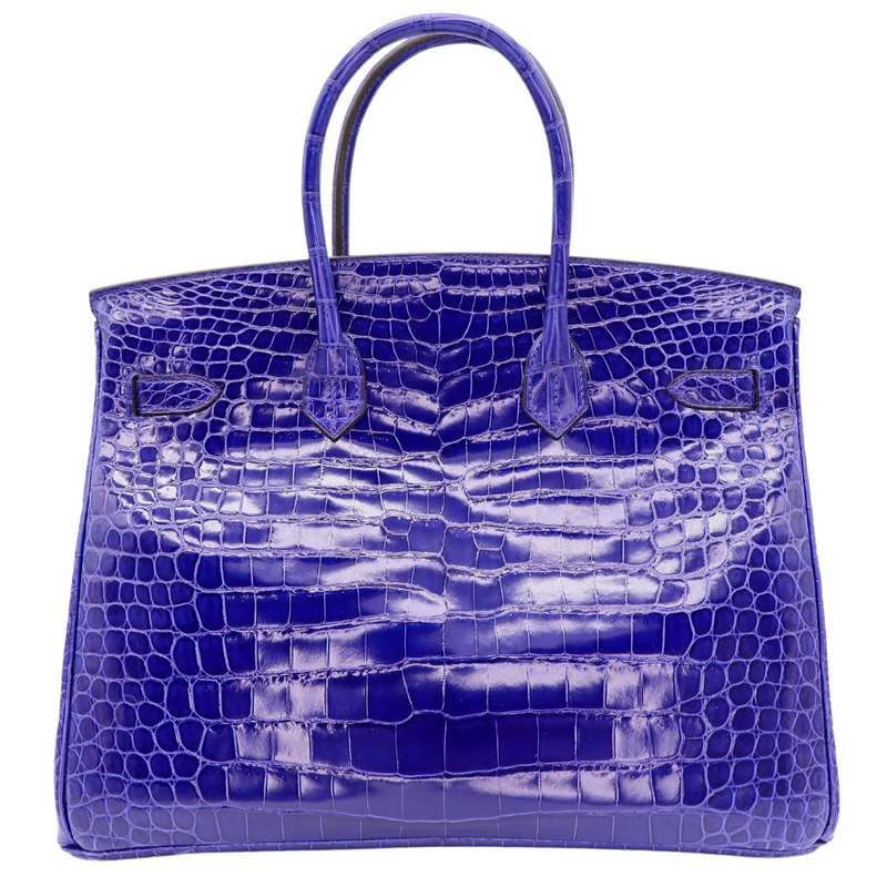 Hermès 35cm Birkin Bleu Electrique Shiny Porosus Crocodile Gold Hardware