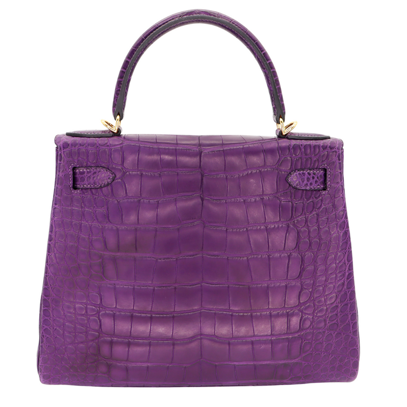 Hermès 28cm Kelly Retourne Amethyst Matte Alligator Gold Hardware