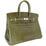 Hermès 35cm Birkin Vert Olive Shiny Porosus Crocodile Diamond Hardware