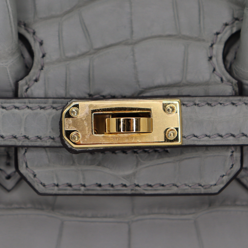 Hermès 20cm Birkin Sellier Gris Cement Matte Alligator Gold Hardware