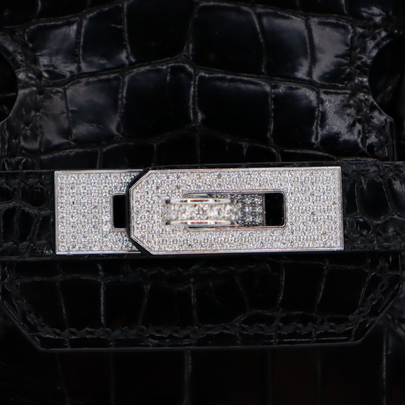 Hermès 25cm Birkin Black Shiny Porosus Crocodile Diamond Hardware