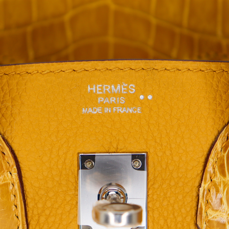 Hermès 25cm Birkin Touch Jaune Ambre Togo Leather/Niloticus Crocodile Palladium Hardware