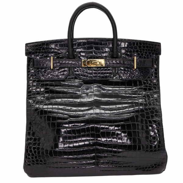 Hermès 40cm HAC Black Shiny Alligator Gold Hardware