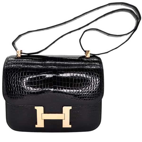 Hermès 24cm Constance Black Shiny Porosus Crocodile Rose Gold Hardware