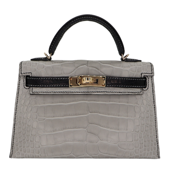 Hermès Kelly II Sellier Mini HSS Gris Perle/Black Matte Alligator Permabrass Hardware