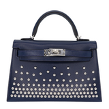 Hermès Kelly II Sellier Mini Cloute Bleu Abyss Box Calf Studded Leather Palladium Hardware
