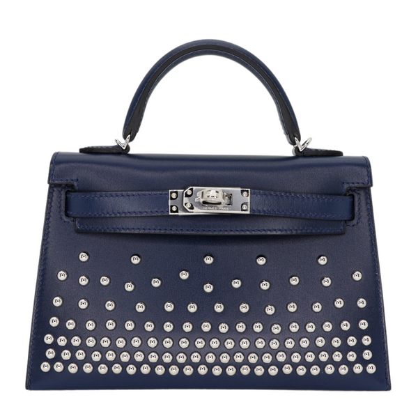 Hermès Kelly II Sellier Mini Cloute Bleu Abyss Box Calf Studded Leather Palladium Hardware