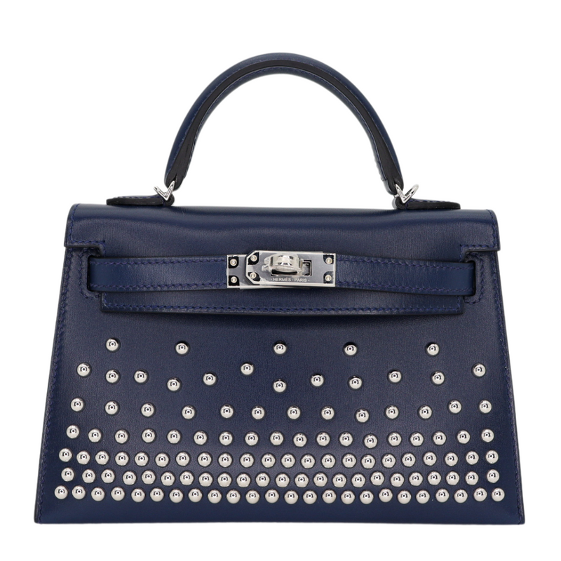 Hermès Kelly II Sellier Mini Cloute Bleu Abyss Box Calf Studded Leather Palladium Hardware