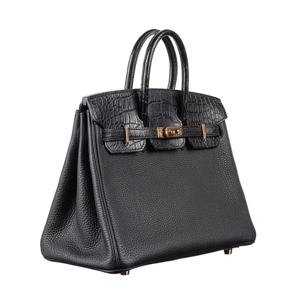 Hermès 25cm Birkin Touch Black Matte Alligator/Togo Leather Rose Gold Hardware