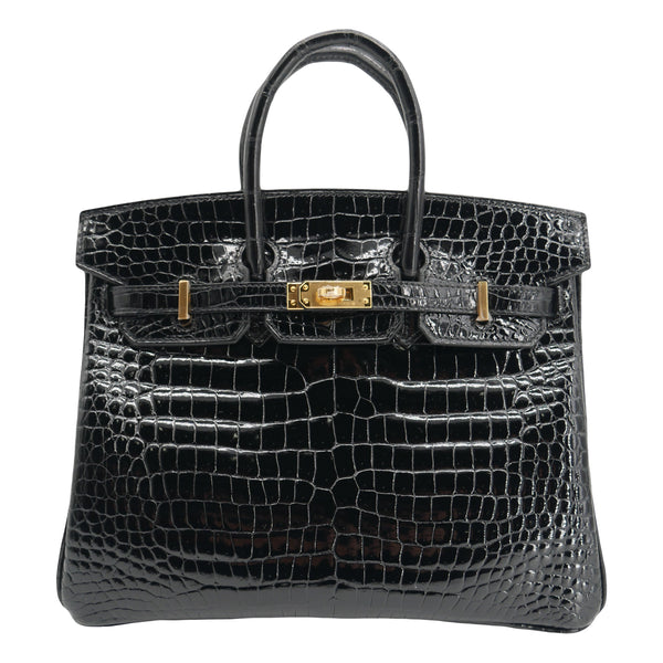 Herm�s 25cm Birkin Black Shiny Porosus Crocodile Gold Hardware