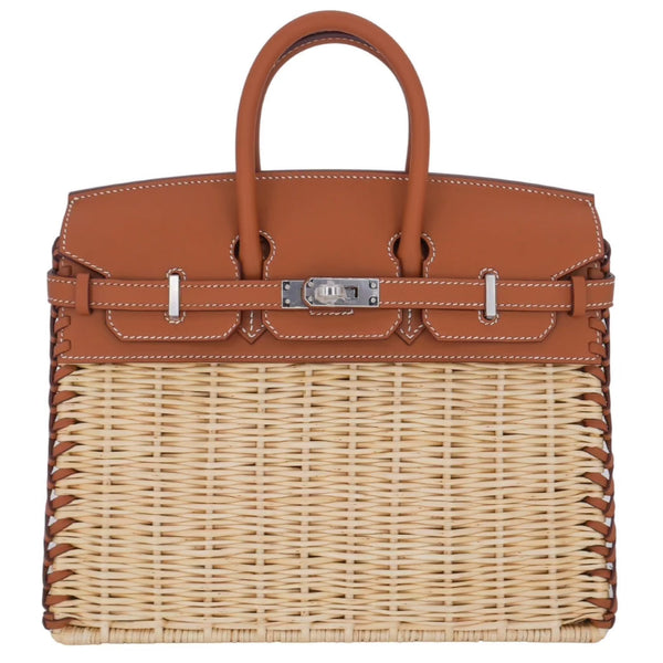 Herm�s 25cm Birkin Picnic Gold Swift Leather/Osier Wicker Palladium Hardware