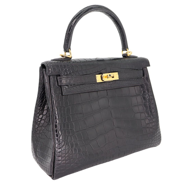 Herm�s 25cm Kelly Retourne Black Matte Alligator Gold Hardware