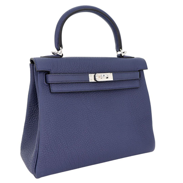 Herm�s 25cm Kelly Retourne Bleu Navy Togo Leather Palladium Hardware