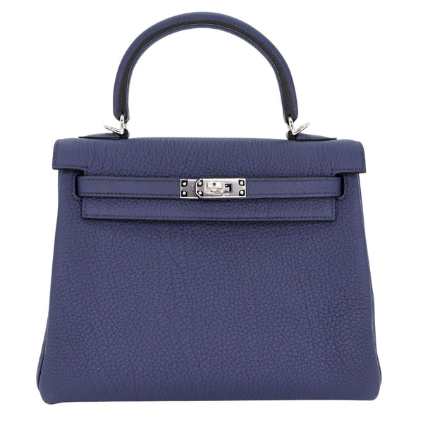 Herm�s 25cm Kelly Retourne Bleu Navy Togo Leather Palladium Hardware