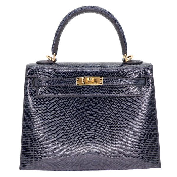 Herm�s 25cm Kelly Sellier Bleu Indigo Shiny Lizard Gold Hardware