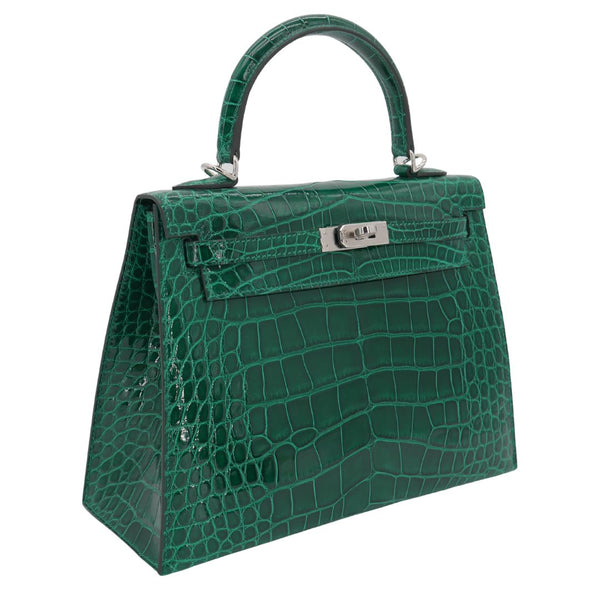 Herm�s 25cm Kelly Sellier Emerald Shiny Alligator Palladium Hardware